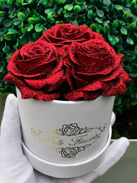 Belle Fleuriste - Red Glitter Black Box 3 Roses – BelleFleuristeUK