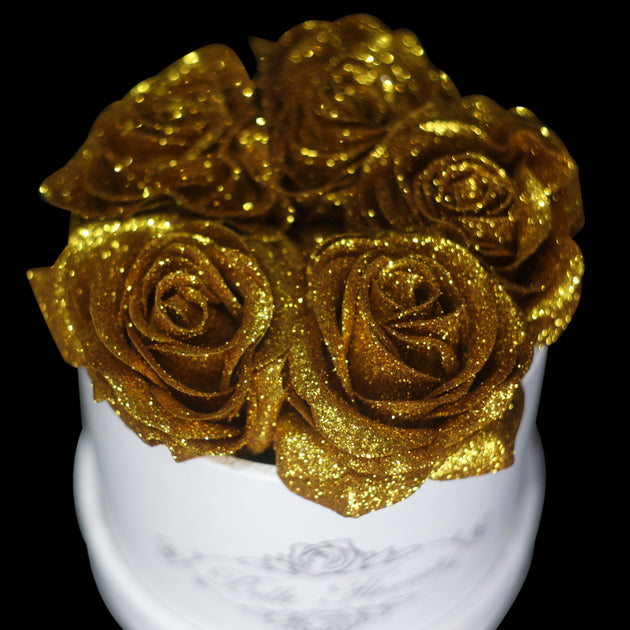 Belle Fleuriste - Gold Glitter Roses White Box 5 Roses