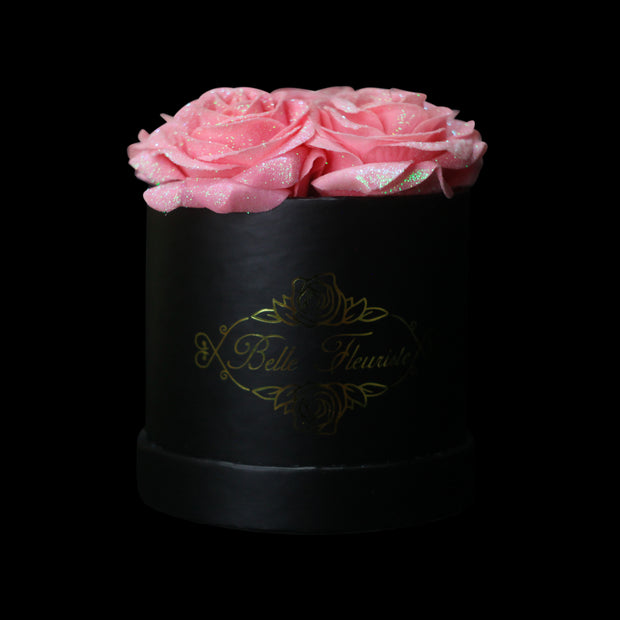 Bright Pink Glitter Roses - Black Box (5 Roses)