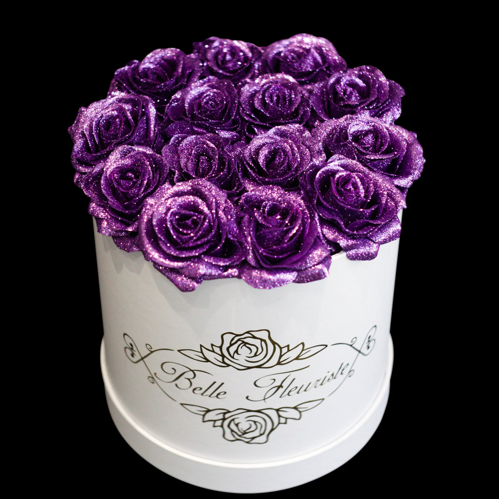 White Roses with Dark Purple Glitter – Flowers For Fundraising