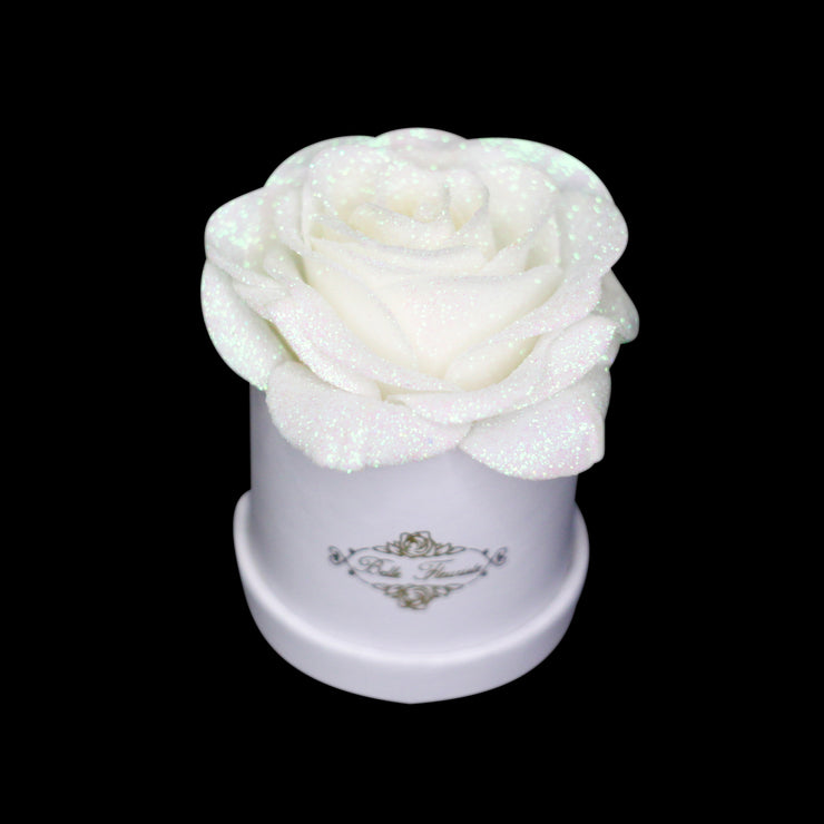White Glitter Roses - White Micro Box (1 Rose)