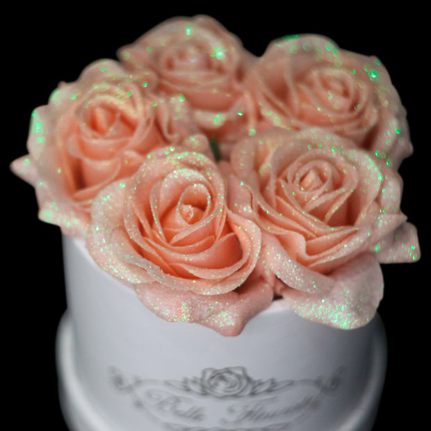 Peach Glitter Roses - White Box (5 Roses)
