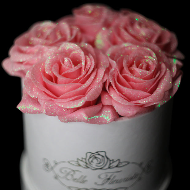 Bright Pink Glitter Roses - White Box (5 Roses)