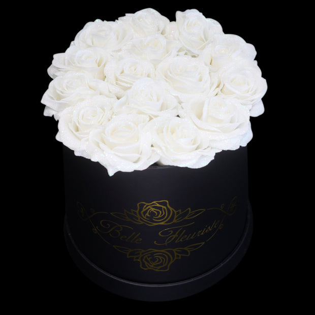 White Glitter Roses - Black Box