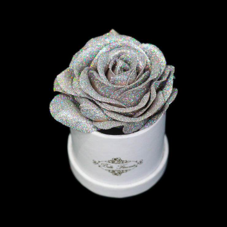 Silver Glitter Roses - White Micro Box (1 Rose)