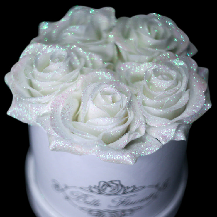 White Glitter Roses - Black Box (5 Roses)