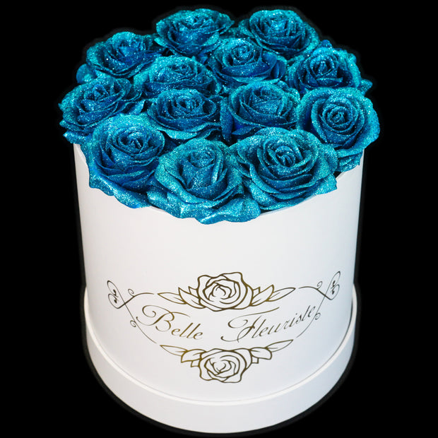 Blue Glitter Roses - White Box