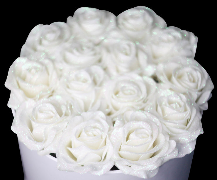 White Glitter Roses - White Box
