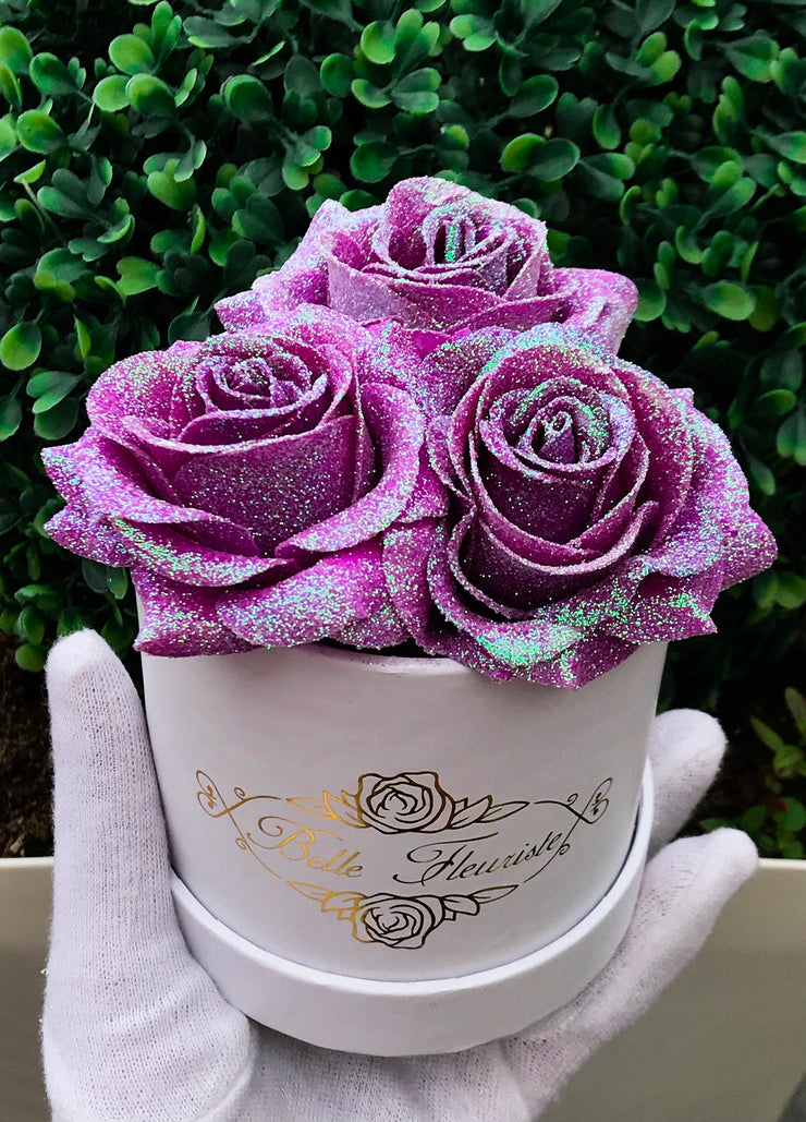 Unicorn Purple Glitter Roses - White Box (3 Roses)