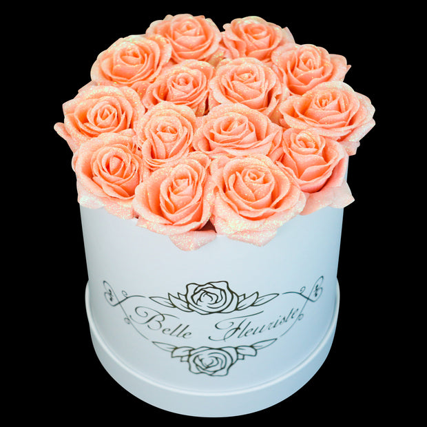 Peach Glitter Roses - White Box