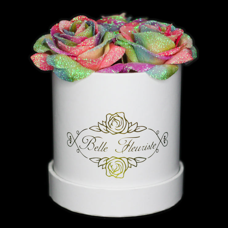 Rainbow Glitter Roses - White Box (3 Roses)