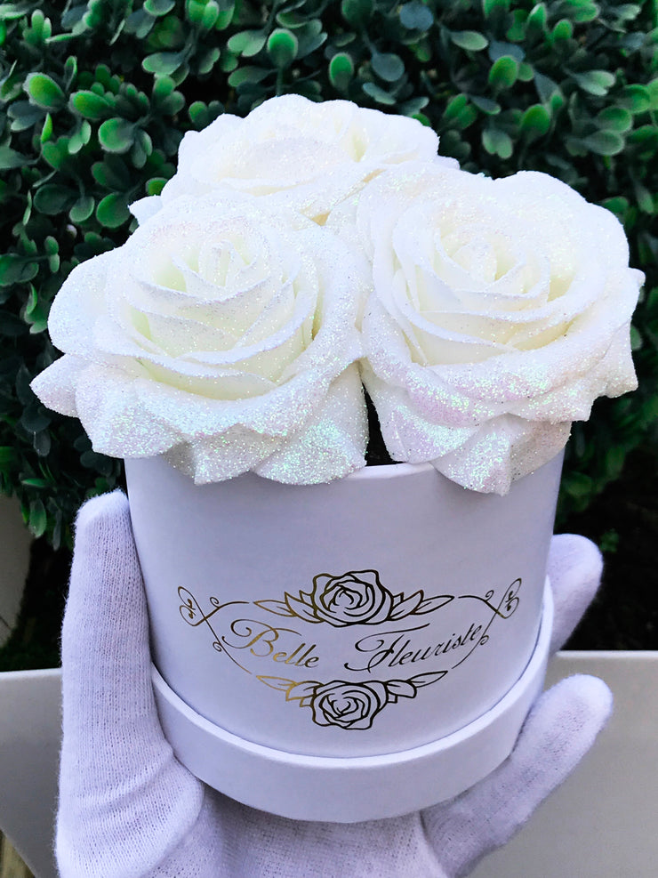 White Glitter Roses - White Box (3 Roses)