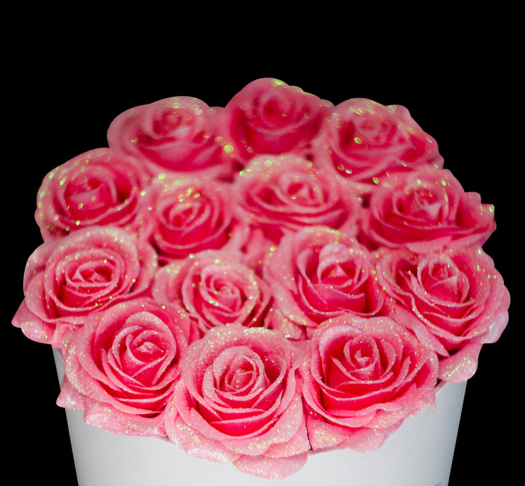 Pink Glitter Roses - White Box