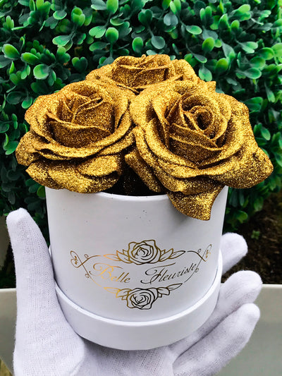 Gold Glitter Roses - White Box (3 Roses)