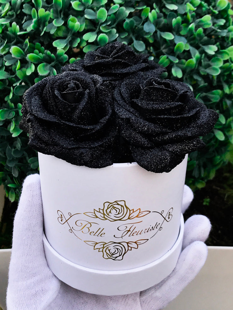 Black Glitter Roses - White Box (3 Roses)