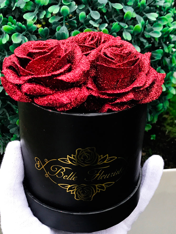Belle Fleuriste - Red Glitter Black Box 3 Roses – BelleFleuristeUK
