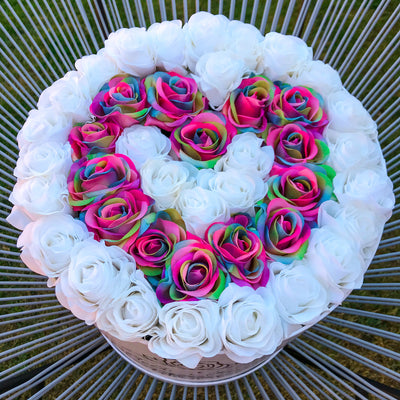 Classic White and Rainbow Roses - White Box - Heart