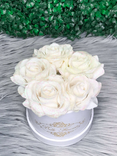 White Glitter Roses - White Box (5 Roses)