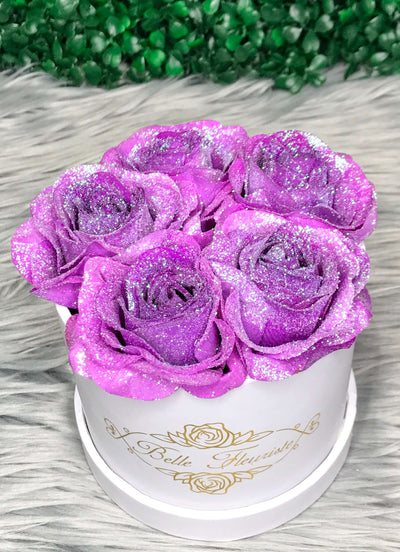 Unicorn Purple Glitter Roses - White Box (5 Roses)