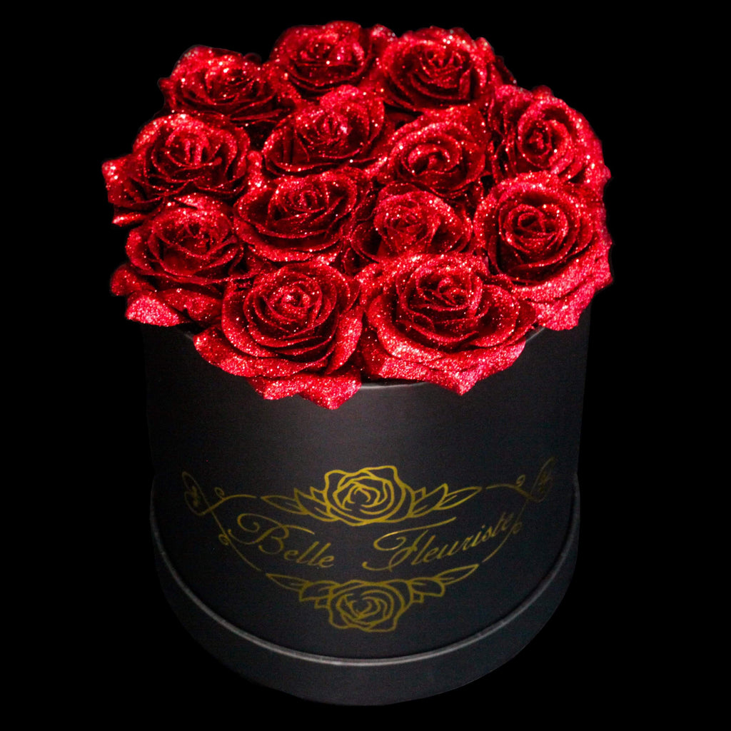 50 Fresh Red & Black Glitter Roses Hatbox