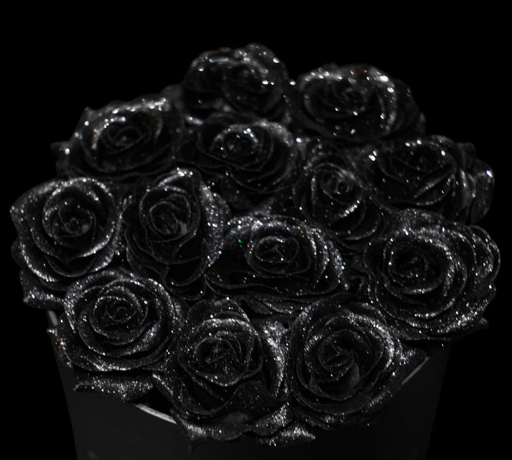 Black Glitter Roses - White Box  Glitter roses, Glitter flowers, Black  rose bouquet