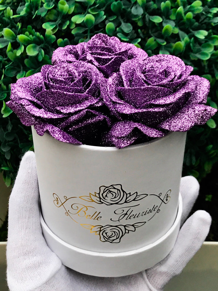 White Roses with Purple Glitter - 3 Stem Rose Bouquets – Flowers For  Fundraising