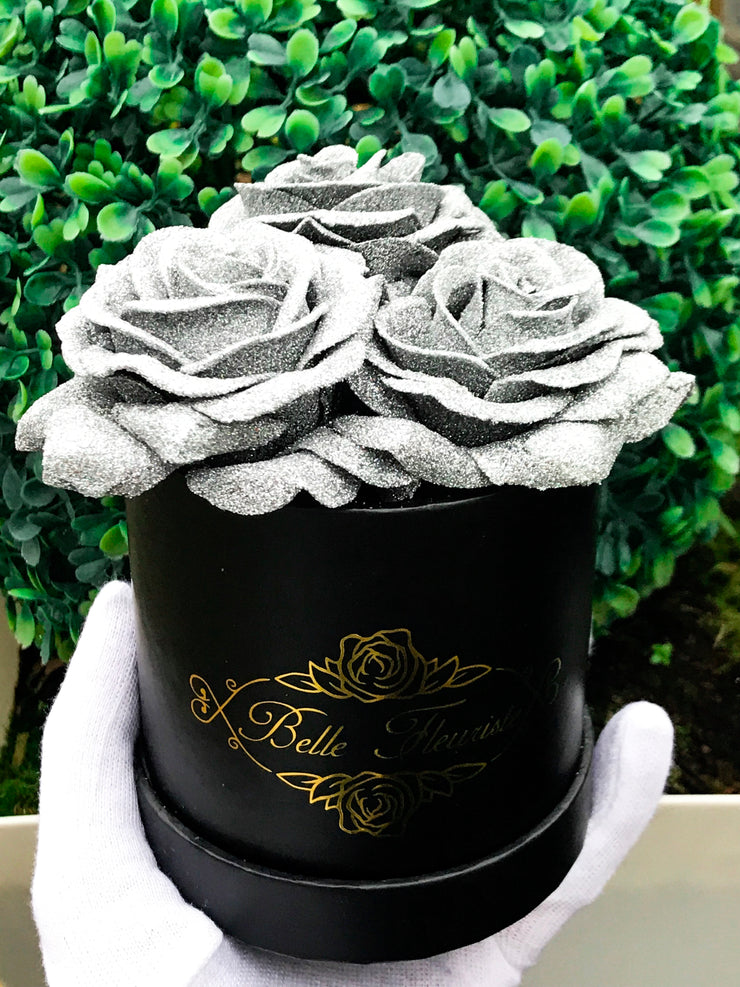 Silver Glitter Roses - Black Box (3 Roses)