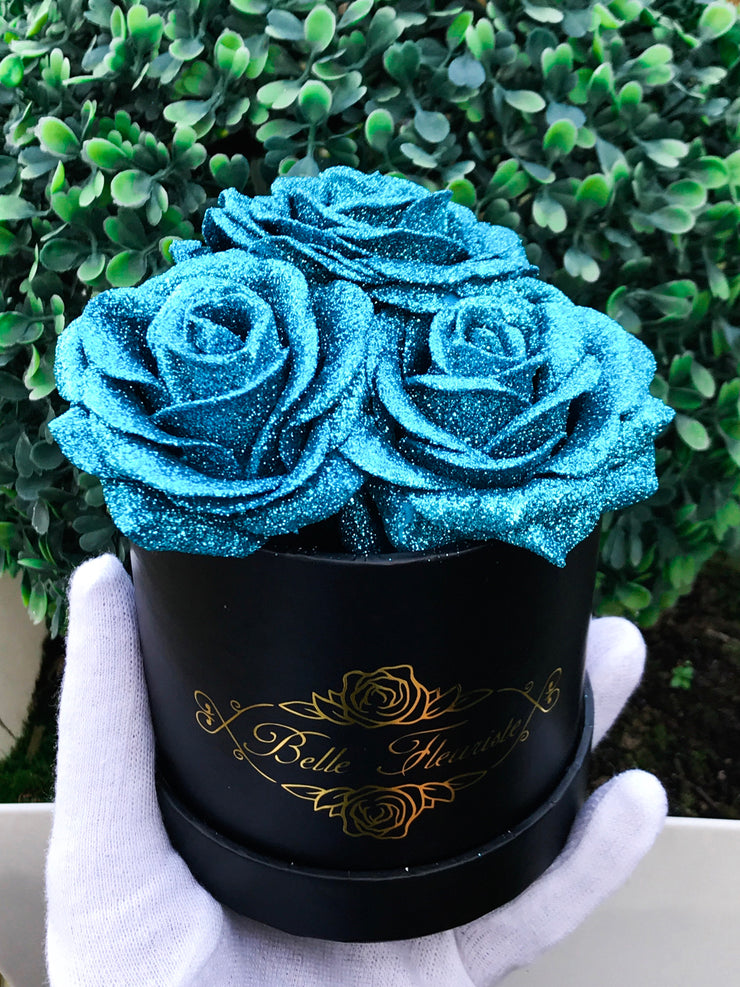 Blue Glitter Roses - Black Box (3 Roses)