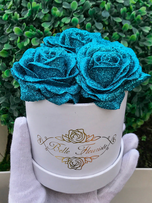 Blue Glitter Roses - White Box (3 Roses)