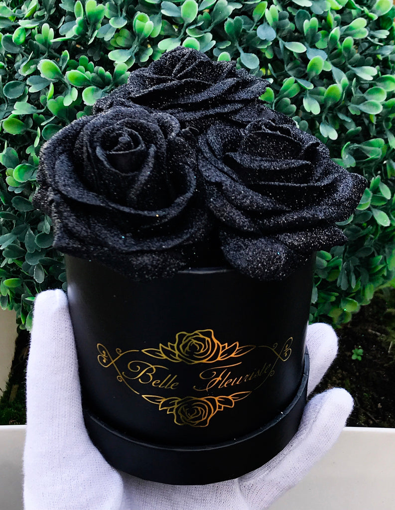 Black Glitter Roses - White Box  Glitter roses, Glitter flowers, Black rose  bouquet