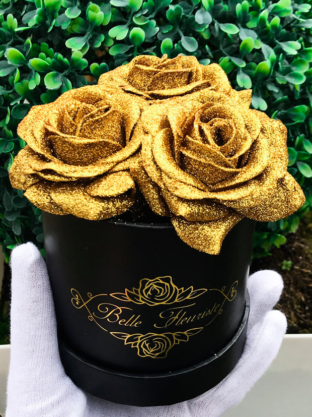 Gold Glitter Roses - Black Box (3 Roses)