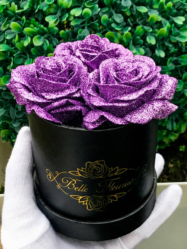 Purple Glitter Roses - Black Box (3 Roses)