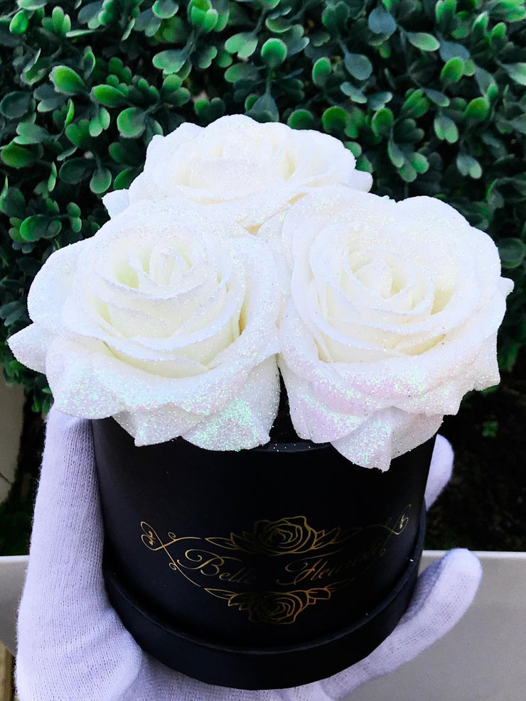 Black Glitter Roses - White Box (3 Roses)  Glitter roses, Mini roses,  Black glitter
