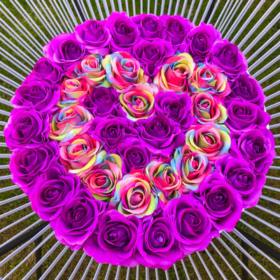 Classic Purple and Rainbow Roses - White Box - Heart