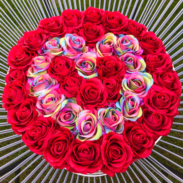 Classic Red and Rainbow Roses - White Box - Heart